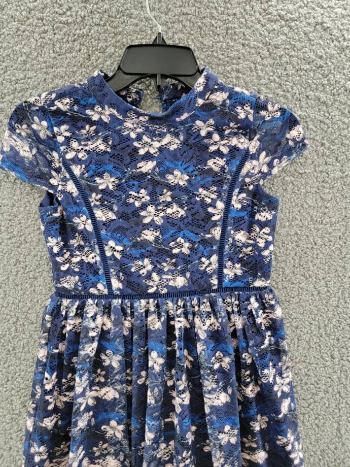 Blush By Us Angels Flower Print Lace Dress Girl's 10 Navy Mock Neck Short Sleeve