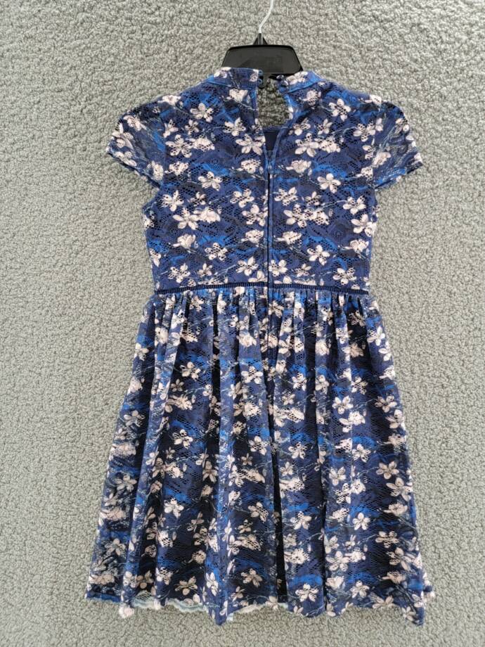 Blush By Us Angels Flower Print Lace Dress Girl's 10 Navy Mock Neck Short Sleeve
