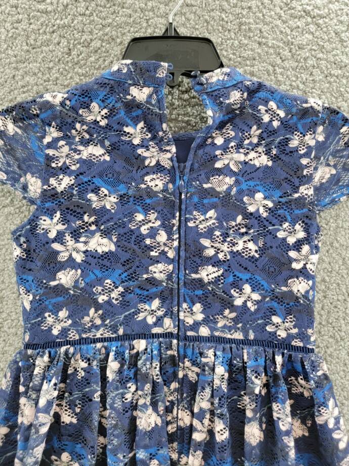 Blush By Us Angels Flower Print Lace Dress Girl's 10 Navy Mock Neck Short Sleeve