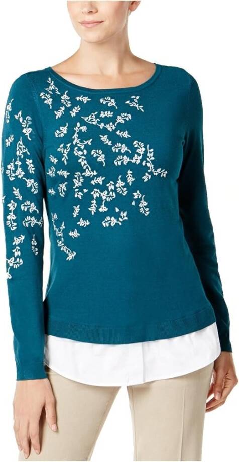 Charter Club Layered-Look Embroidered Sweater Women's L Deep Pine Crew Neck L/S