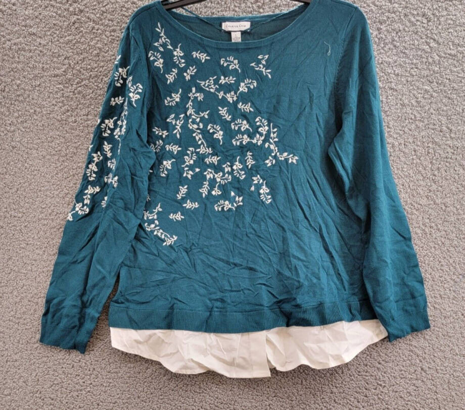 Charter Club Layered-Look Embroidered Sweater Women's L Deep Pine Crew Neck L/S
