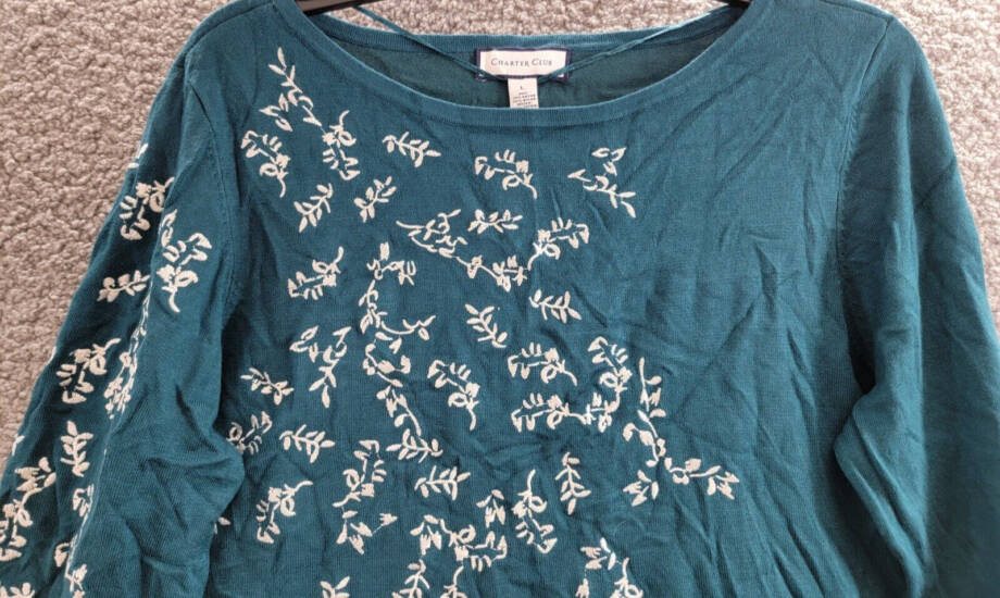 Charter Club Layered-Look Embroidered Sweater Women's L Deep Pine Crew Neck L/S