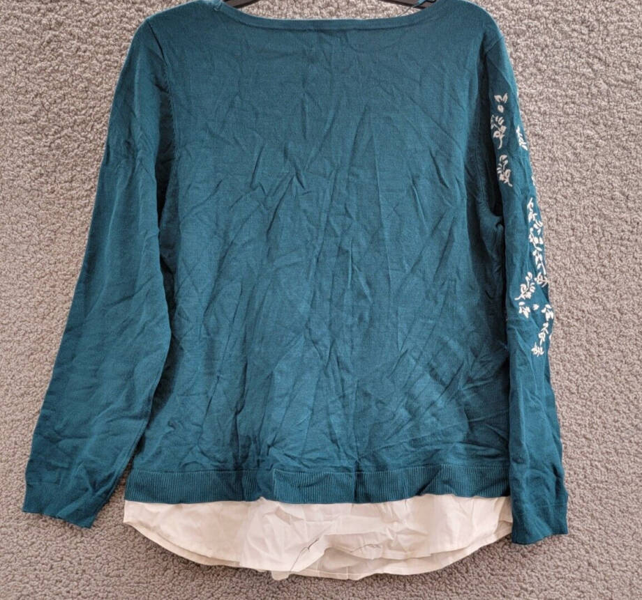 Charter Club Layered-Look Embroidered Sweater Women's L Deep Pine Crew Neck L/S
