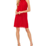 CeCe Sleeveless Rosette Halter Dress Women's M Glamour Red Mock Neck Button~