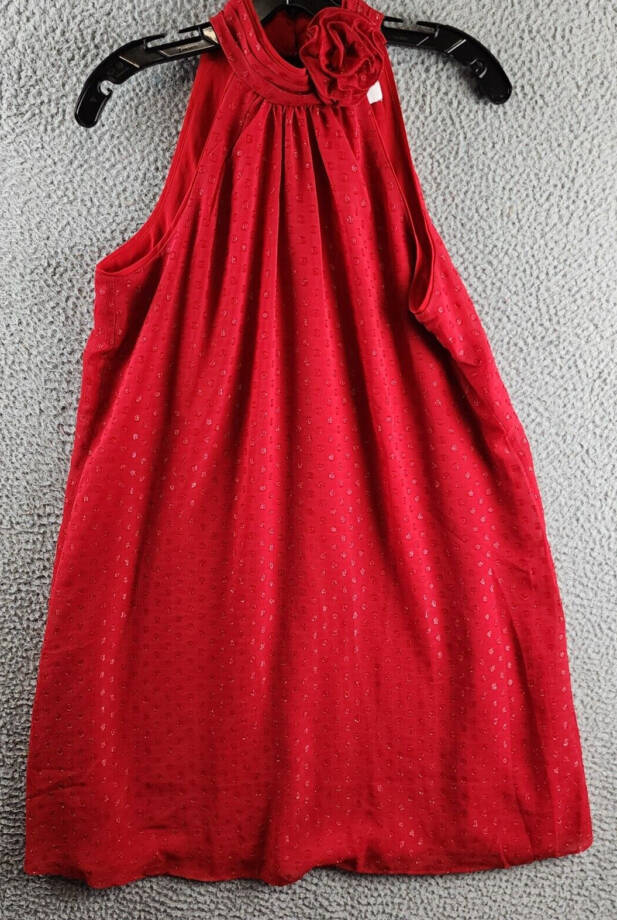CeCe Sleeveless Rosette Halter Dress Women's M Glamour Red Mock Neck Button~