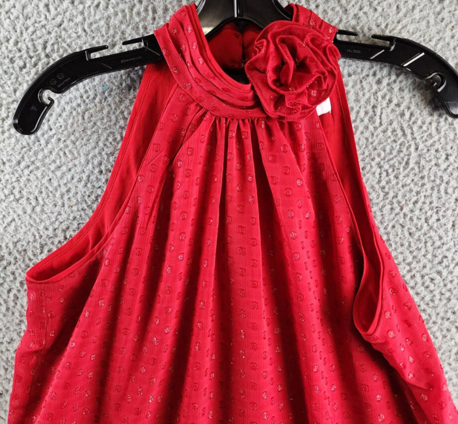CeCe Sleeveless Rosette Halter Dress Women's M Glamour Red Mock Neck Button~