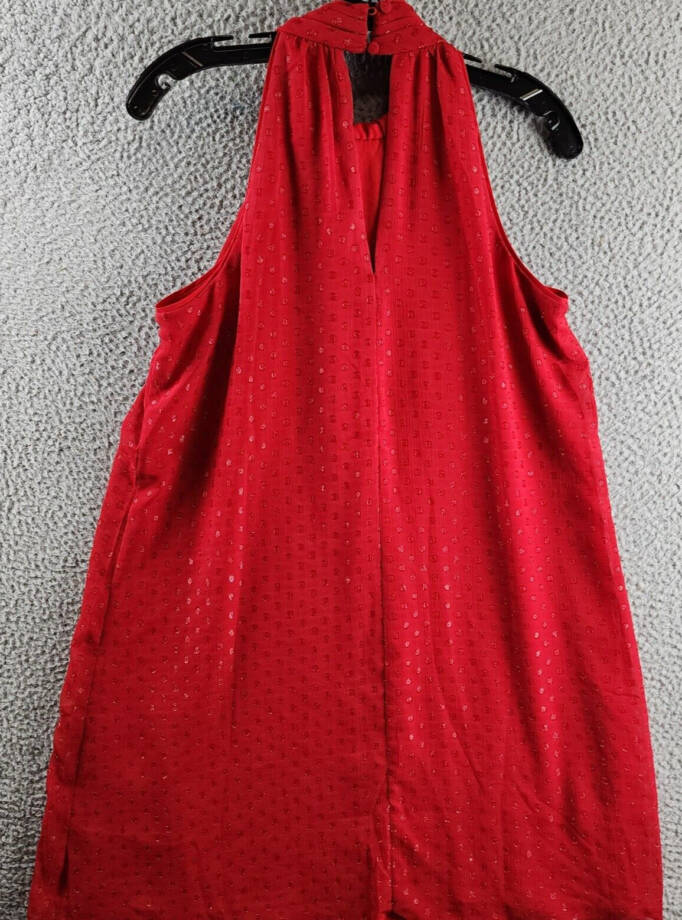 CeCe Sleeveless Rosette Halter Dress Women's M Glamour Red Mock Neck Button~
