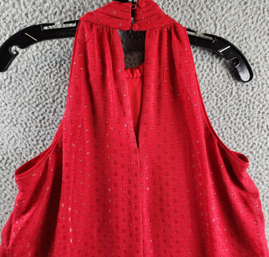 CeCe Sleeveless Rosette Halter Dress Women's M Glamour Red Mock Neck Button~