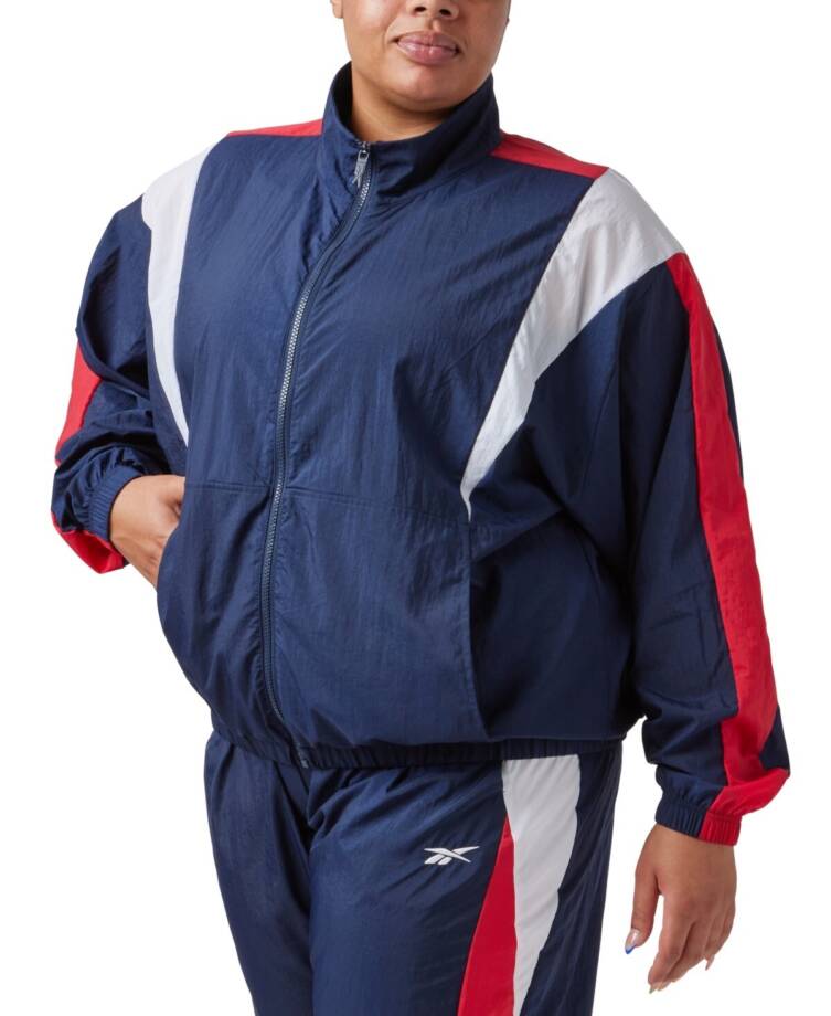 Reebok Plus Size Zip-Front Long-Sleeve Colorblocked Jacket Women's 1X 16W Navy