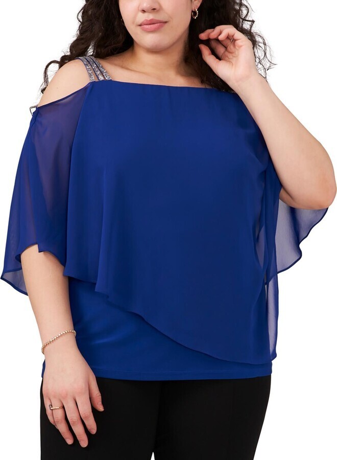 MSK Plus Rhinestone Straps Cold Shoulder Blouse Women's 2X Goddess Blue Pullover