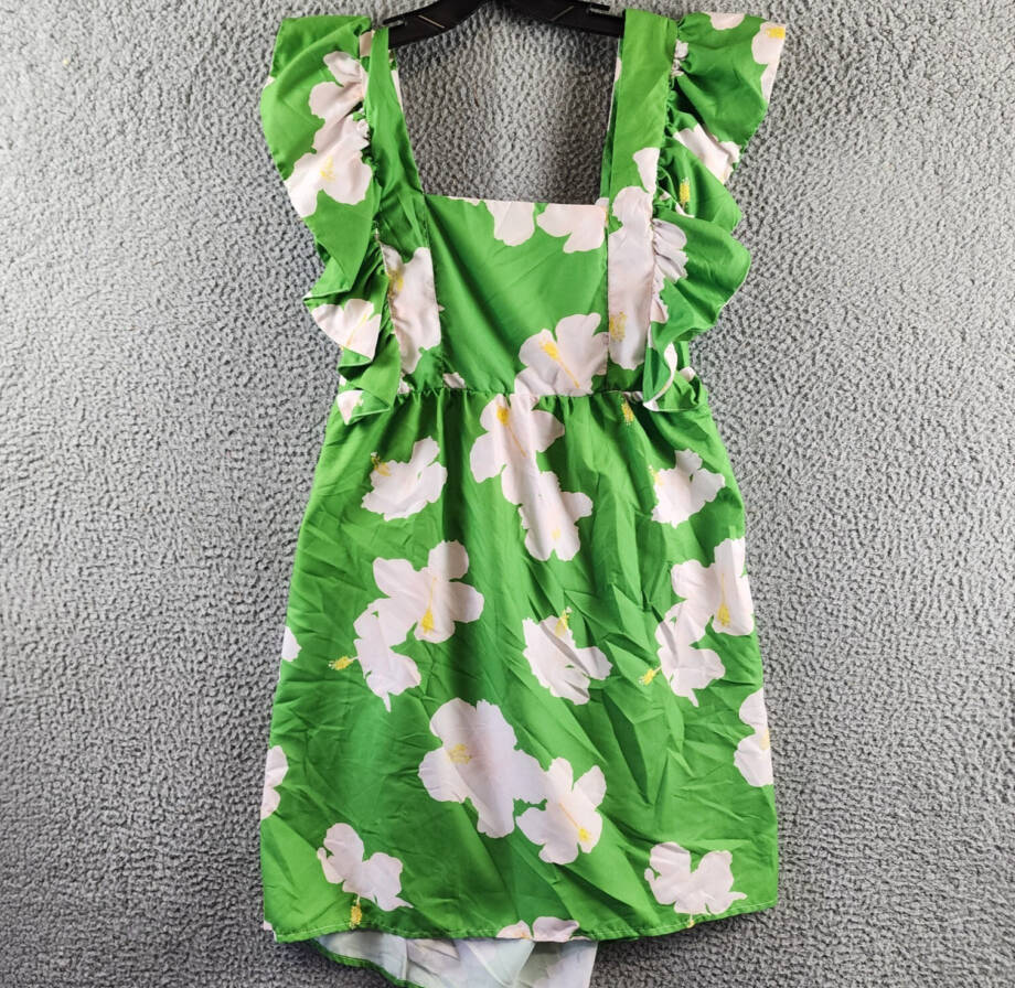 The Lulo Project Floral Ruffle Dress Women's XL Green Hibiscus Square Neck