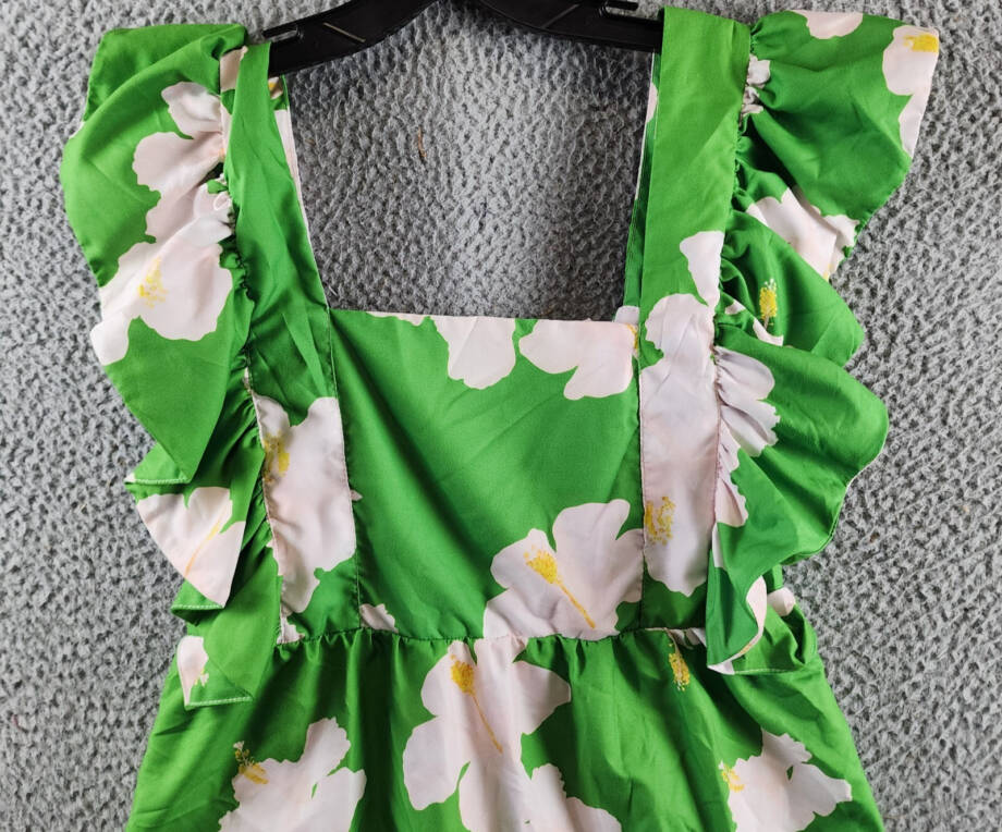 The Lulo Project Floral Ruffle Dress Women's XL Green Hibiscus Square Neck