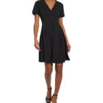 Tommy Hilfiger Petite V-Neck Pleated Fit & Flare Dress Women's 2P Black Back Zip