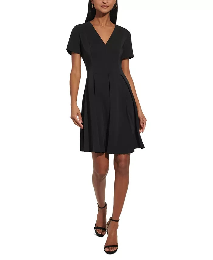 Tommy Hilfiger Petite V-Neck Pleated Fit & Flare Dress Women's 2P Black Back Zip