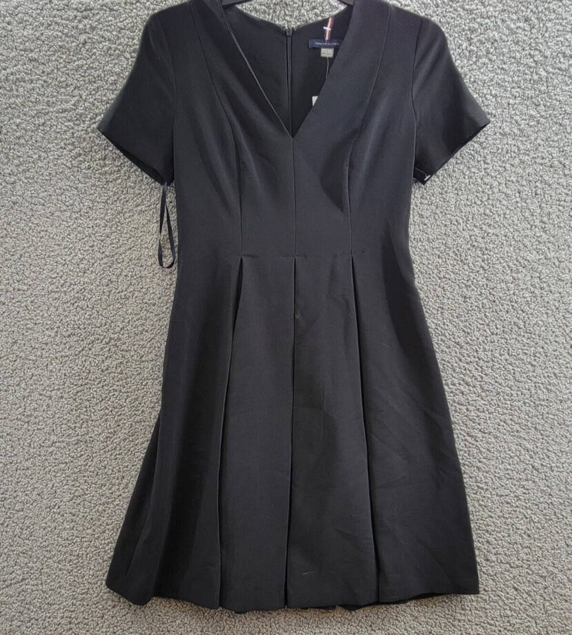 Tommy Hilfiger Petite V-Neck Pleated Fit & Flare Dress Women's 2P Black Back Zip