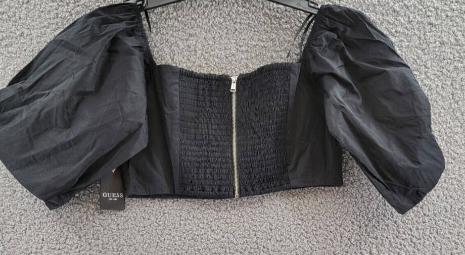 Guess Off-the-Shoulder Cropped Blouse Women's M Black Sweetheart Neck Back Zip