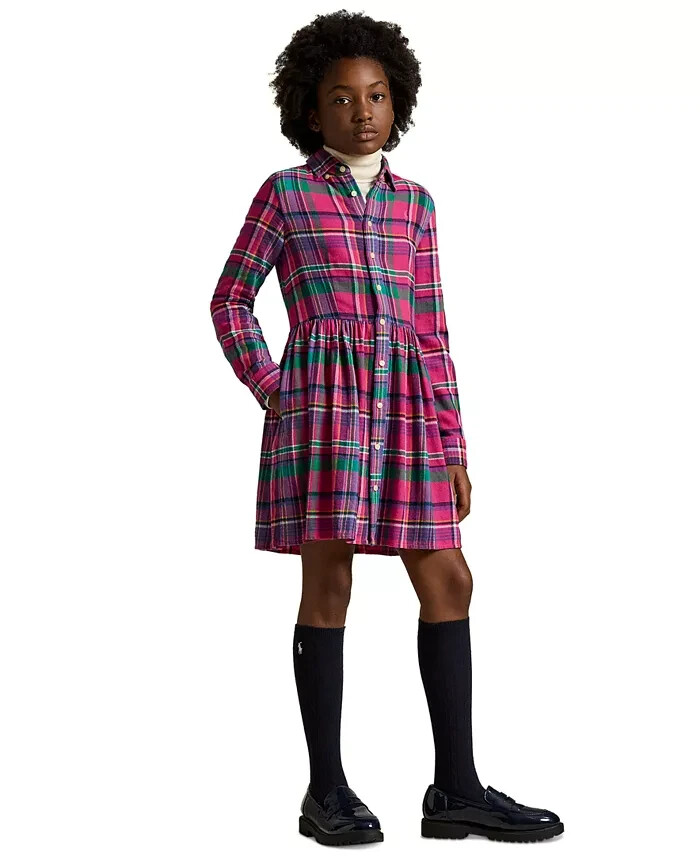 Polo Ralph Lauren Plaid Twill Shirtdress Big Girls 14 Multi Collared Long Sleeve