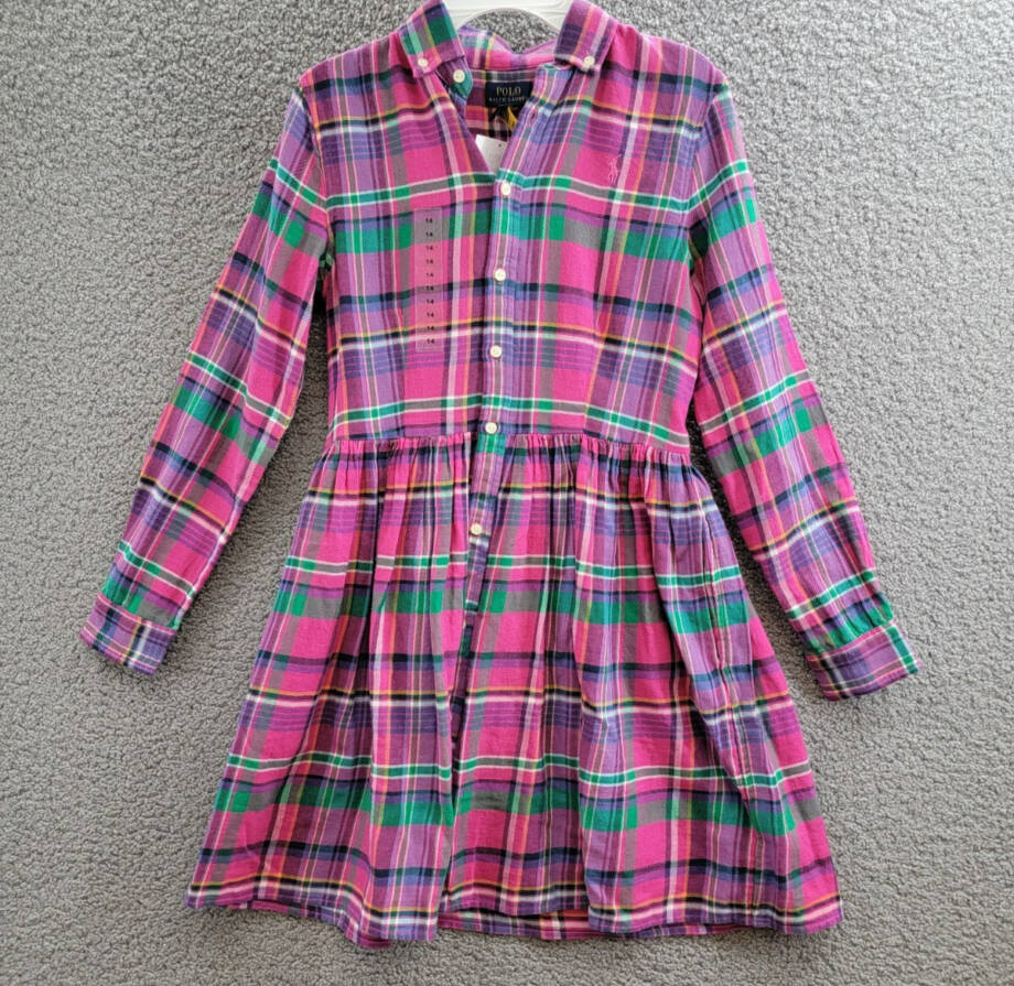 Polo Ralph Lauren Plaid Twill Shirtdress Big Girls 14 Multi Collared Long Sleeve