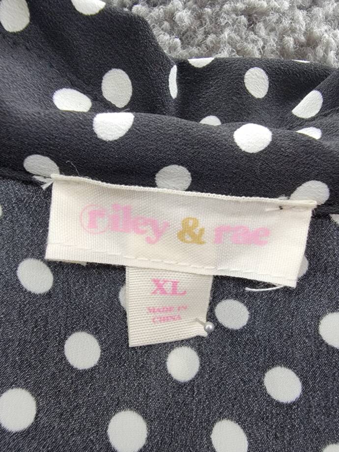 Riley & Rae Polka Dot Tie Neck Blouse Womens XL Black/White Collared Long Sleeve