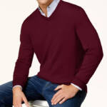 Club Room Solid V-Neck Merino Wool Blend Sweater Men's XXL Maroon Long Sleeve