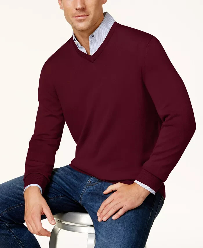 Club Room Solid V-Neck Merino Wool Blend Sweater Men's XXL Maroon Long Sleeve