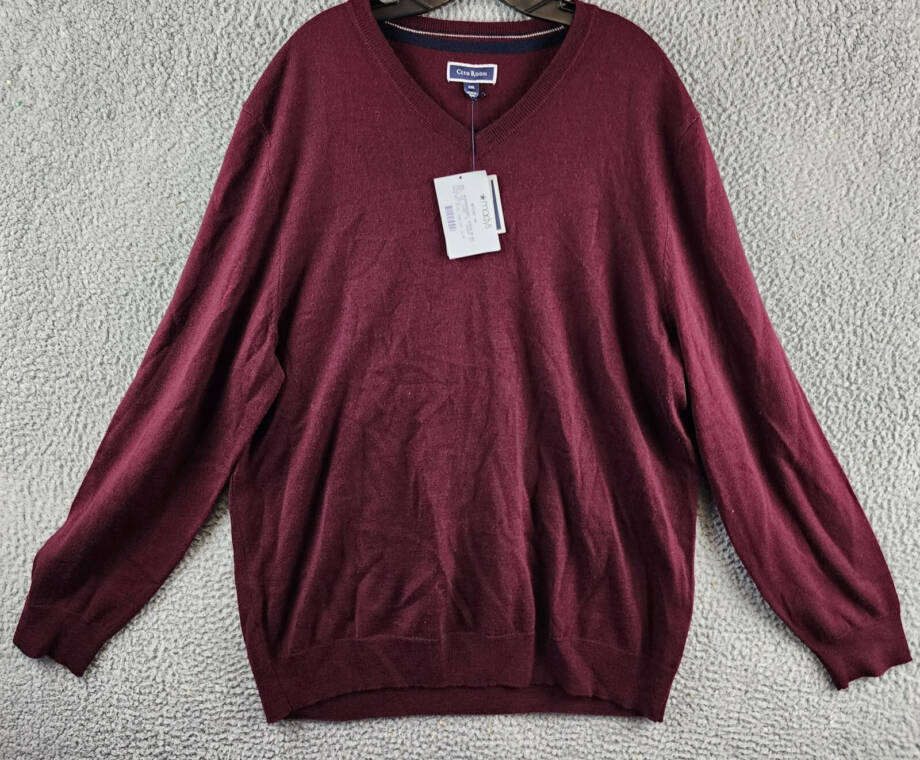 Club Room Solid V-Neck Merino Wool Blend Sweater Men's XXL Maroon Long Sleeve