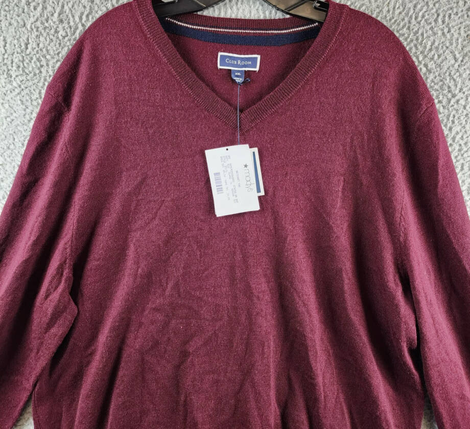 Club Room Solid V-Neck Merino Wool Blend Sweater Men's XXL Maroon Long Sleeve