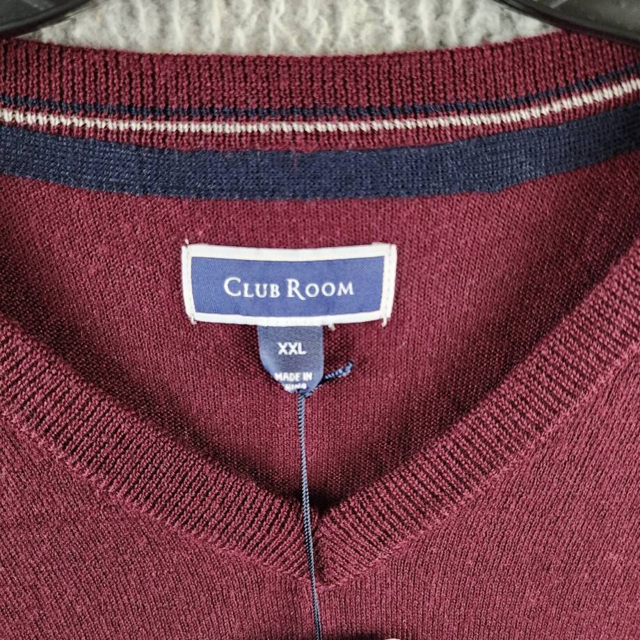 Club Room Solid V-Neck Merino Wool Blend Sweater Men's XXL Maroon Long Sleeve