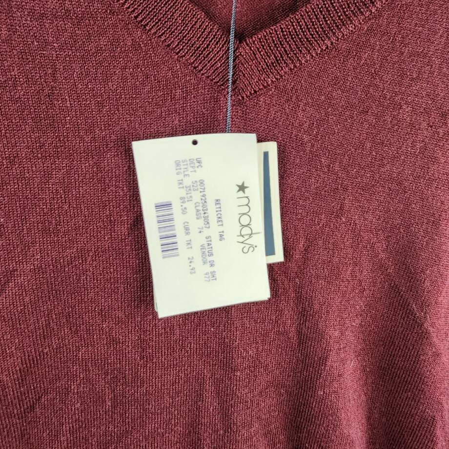 Club Room Solid V-Neck Merino Wool Blend Sweater Men's XXL Maroon Long Sleeve