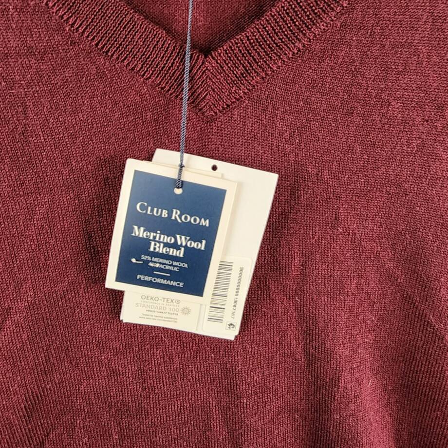 Club Room Solid V-Neck Merino Wool Blend Sweater Men's XXL Maroon Long Sleeve