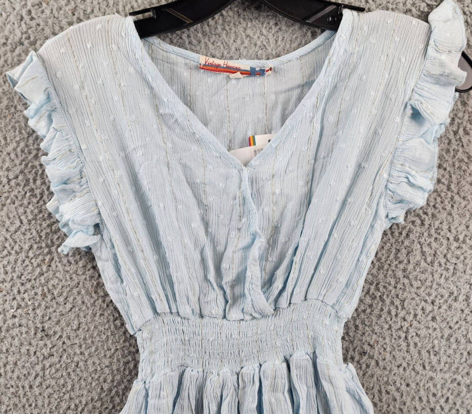 Vintage Havana Flowy Wrap Dress Girls L Blue Dot Smocked Waist V-Neck 14