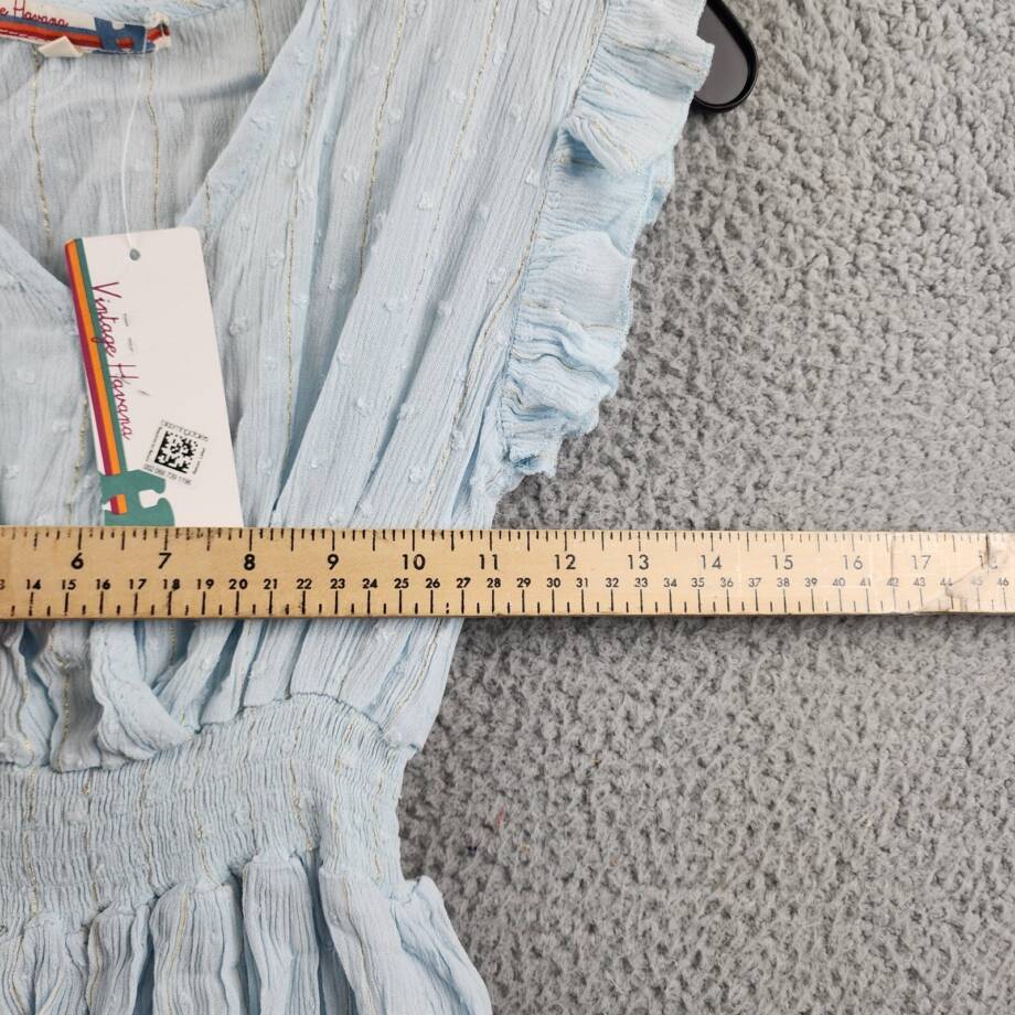 Vintage Havana Flowy Wrap Dress Girls L Blue Dot Smocked Waist V-Neck 14