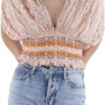 Free People Next Vacation Top Women's XS Ivory Combo Floral V-Neck Tie Closure