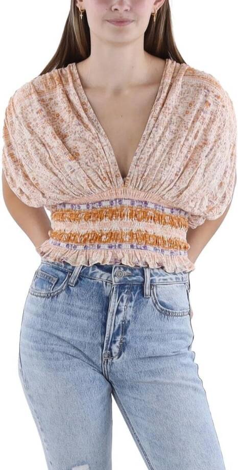 Free People Next Vacation Top Women's XS Ivory Combo Floral V-Neck Tie Closure