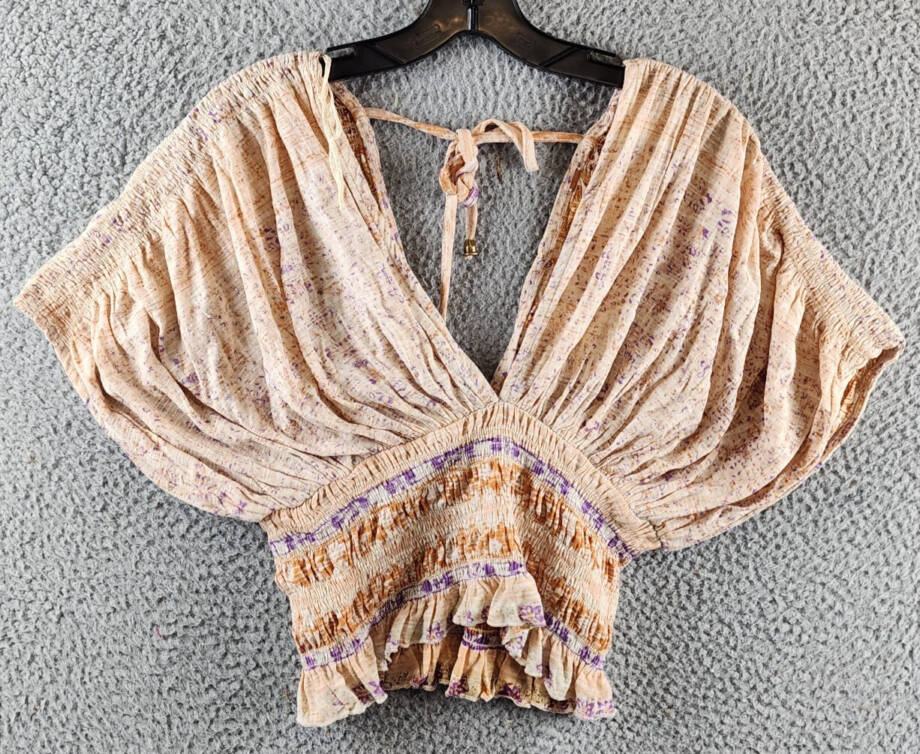 Free People Next Vacation Top Women's XS Ivory Combo Floral V-Neck Tie Closure