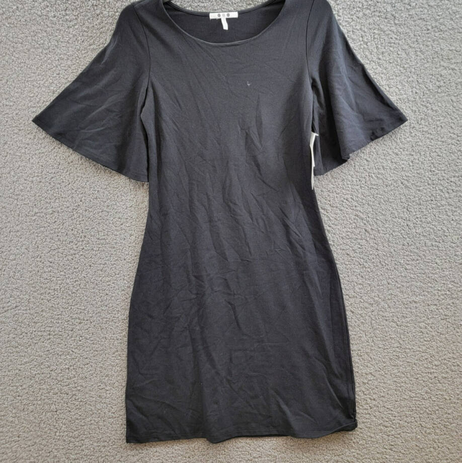Three Dots Scoop Neck Dress Women's XS Black Solid Quarter Sleeve Pullover