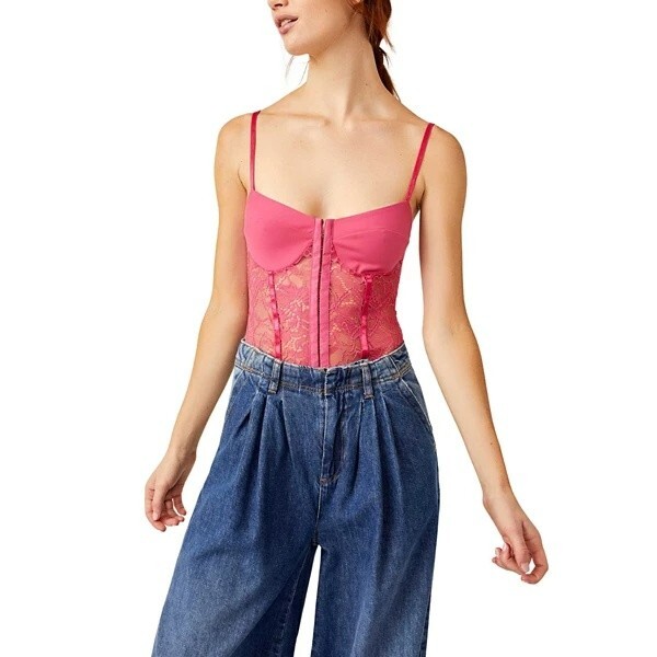 Intimately FP Lace Night Rhythm Thong Bodysuit Women's M Raspberry Sorbet Floral