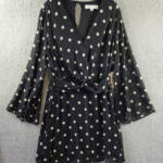 Emma & Michelle Faux Wrap Dress Womens XL Black/White Dot Snap Front Button Back
