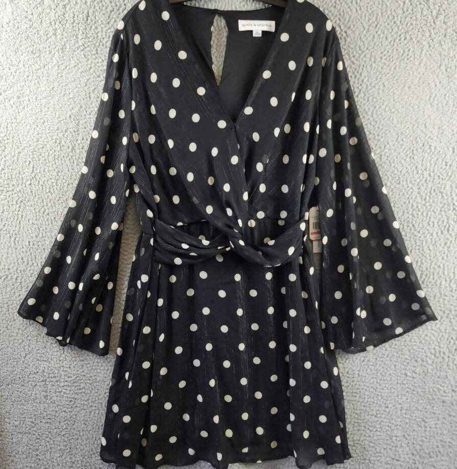 Emma & Michelle Faux Wrap Dress Womens XL Black/White Dot Snap Front Button Back