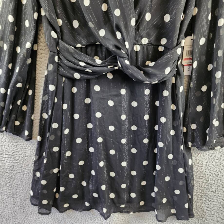 Emma & Michelle Faux Wrap Dress Womens XL Black/White Dot Snap Front Button Back