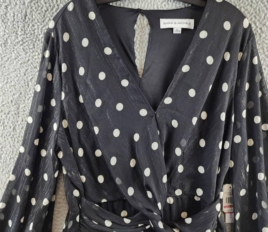 Emma & Michelle Faux Wrap Dress Womens XL Black/White Dot Snap Front Button Back
