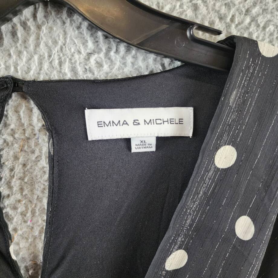 Emma & Michelle Faux Wrap Dress Womens XL Black/White Dot Snap Front Button Back
