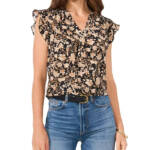 Vince Camuto Floral-Print Flutter-Sleeve Top Women's M Multi V-Neck Pullover