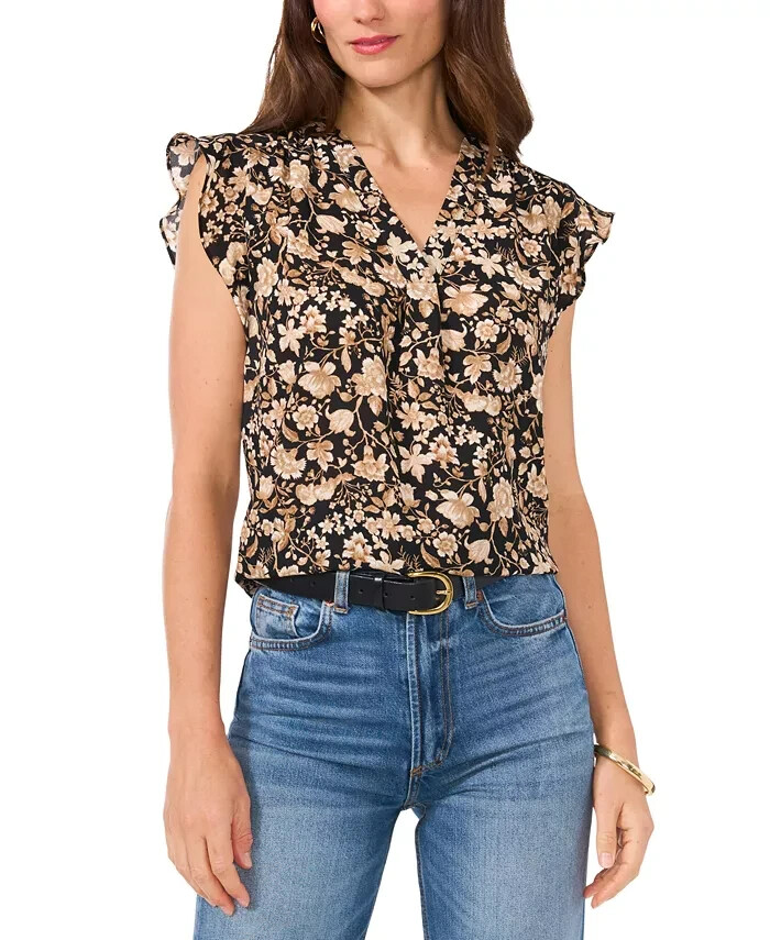 Vince Camuto Floral-Print Flutter-Sleeve Top Women's M Multi V-Neck Pullover