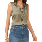 Vince Camuto Sleeveless Ruffle Top Women's L Olive Mist Solid V-Neck Pullover