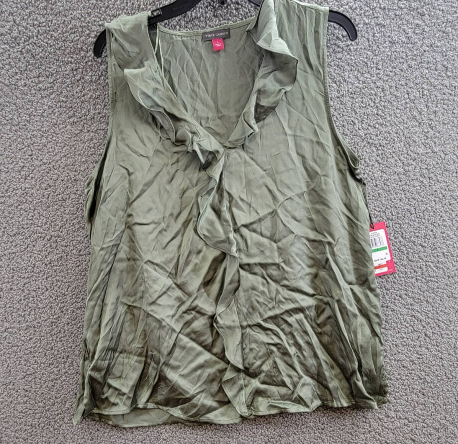 Vince Camuto Sleeveless Ruffle Top Women's L Olive Mist Solid V-Neck Pullover