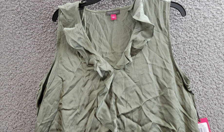 Vince Camuto Sleeveless Ruffle Top Women's L Olive Mist Solid V-Neck Pullover