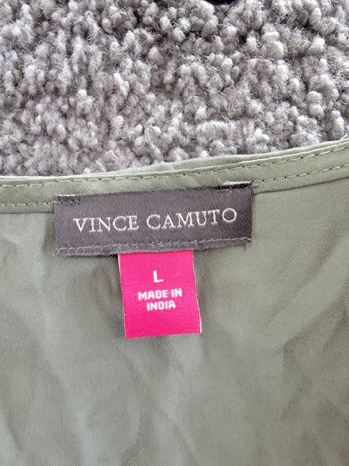 Vince Camuto Sleeveless Ruffle Top Women's L Olive Mist Solid V-Neck Pullover