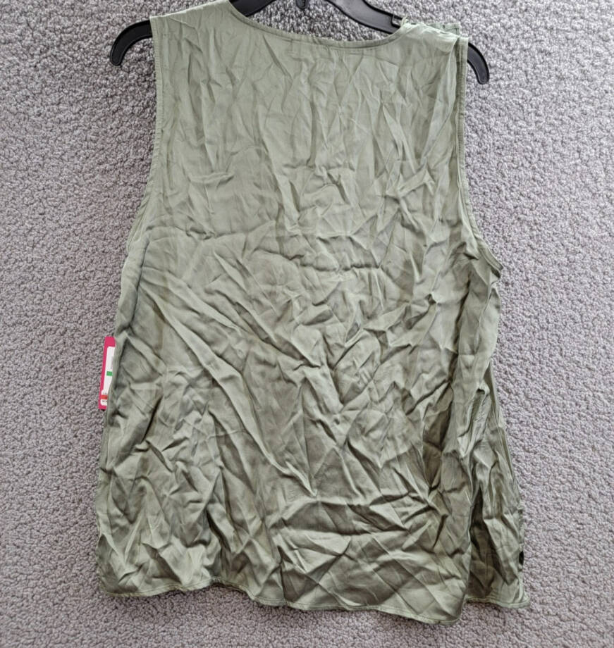 Vince Camuto Sleeveless Ruffle Top Women's L Olive Mist Solid V-Neck Pullover