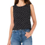 Vince Camuto Floral Crewneck Keyhole-Back Tank Top Women's S Rich Black Pullover